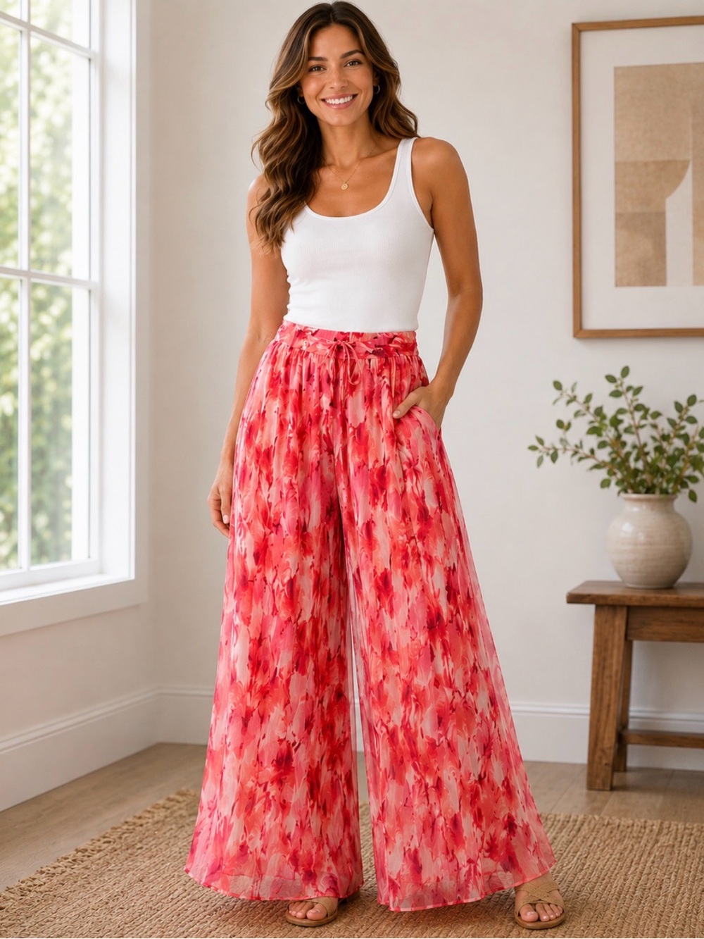 INC International Concepts Women XL Coral Red  Pink Pleated Flowy Wide Leg Pants